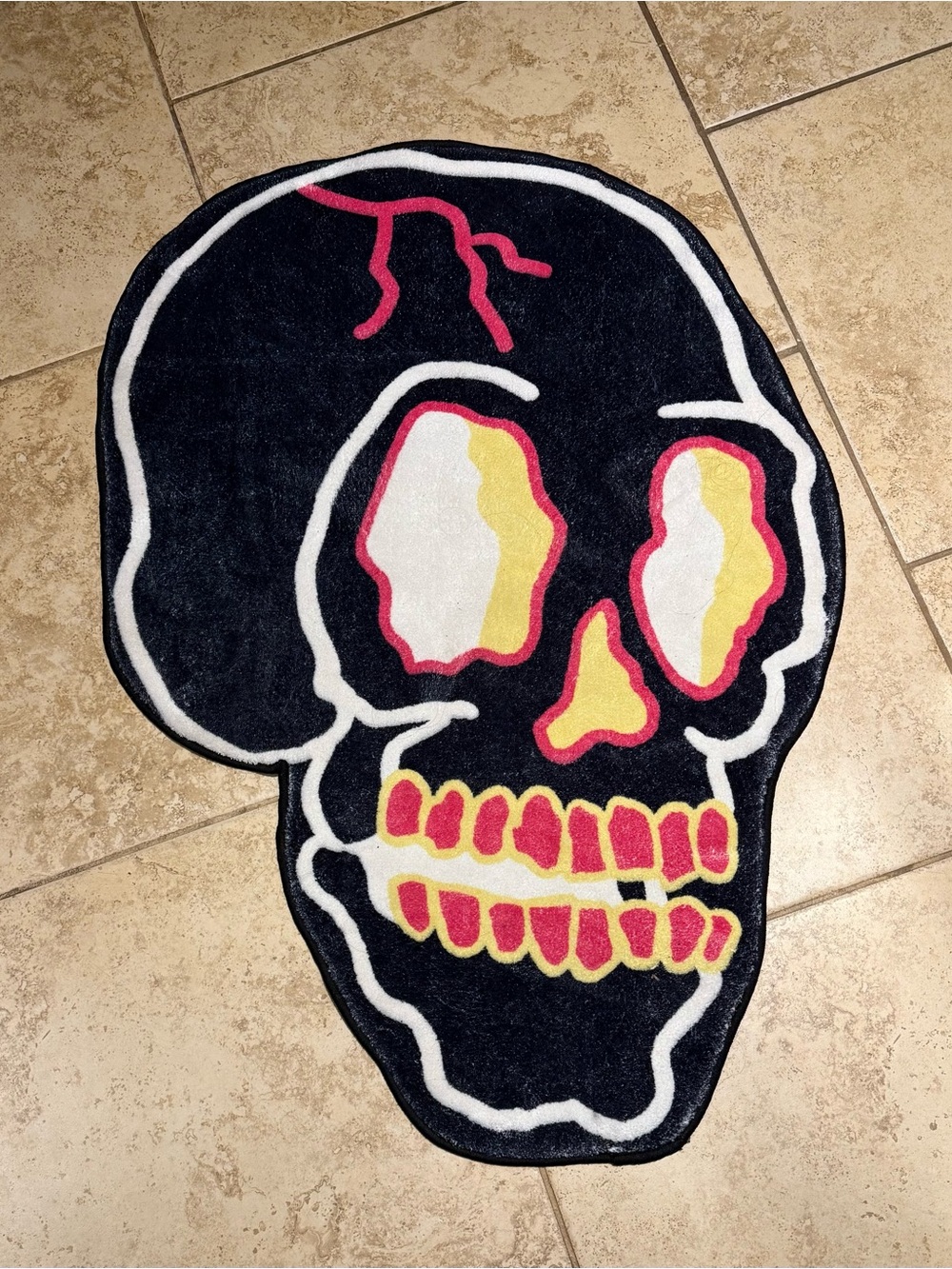Graphic Skull Shaped Rug - Black with Pink, Yellow & White Accents